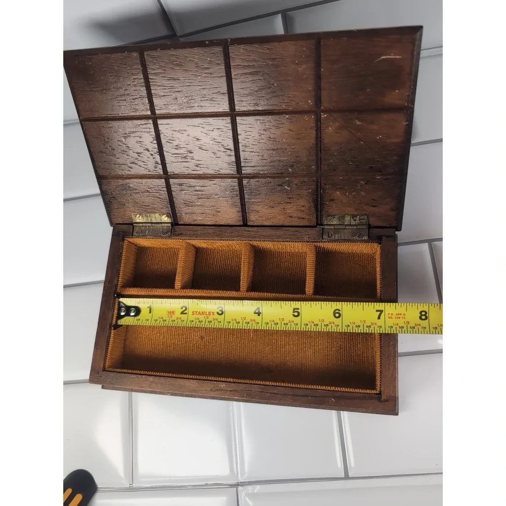 Vintage Wood Jewelry Box Hinged Lid Orange Interior 